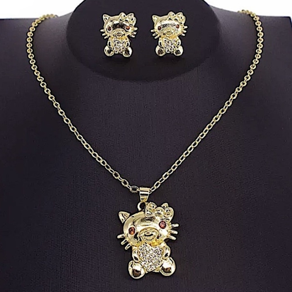 Hello Kitty Gold Plated Necklace Earrings Charm Set